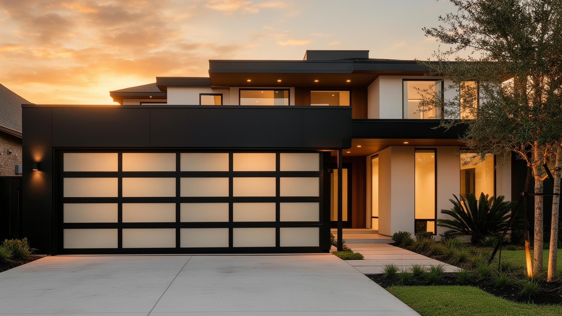 Modern Houston home with sleek garage door at sunset